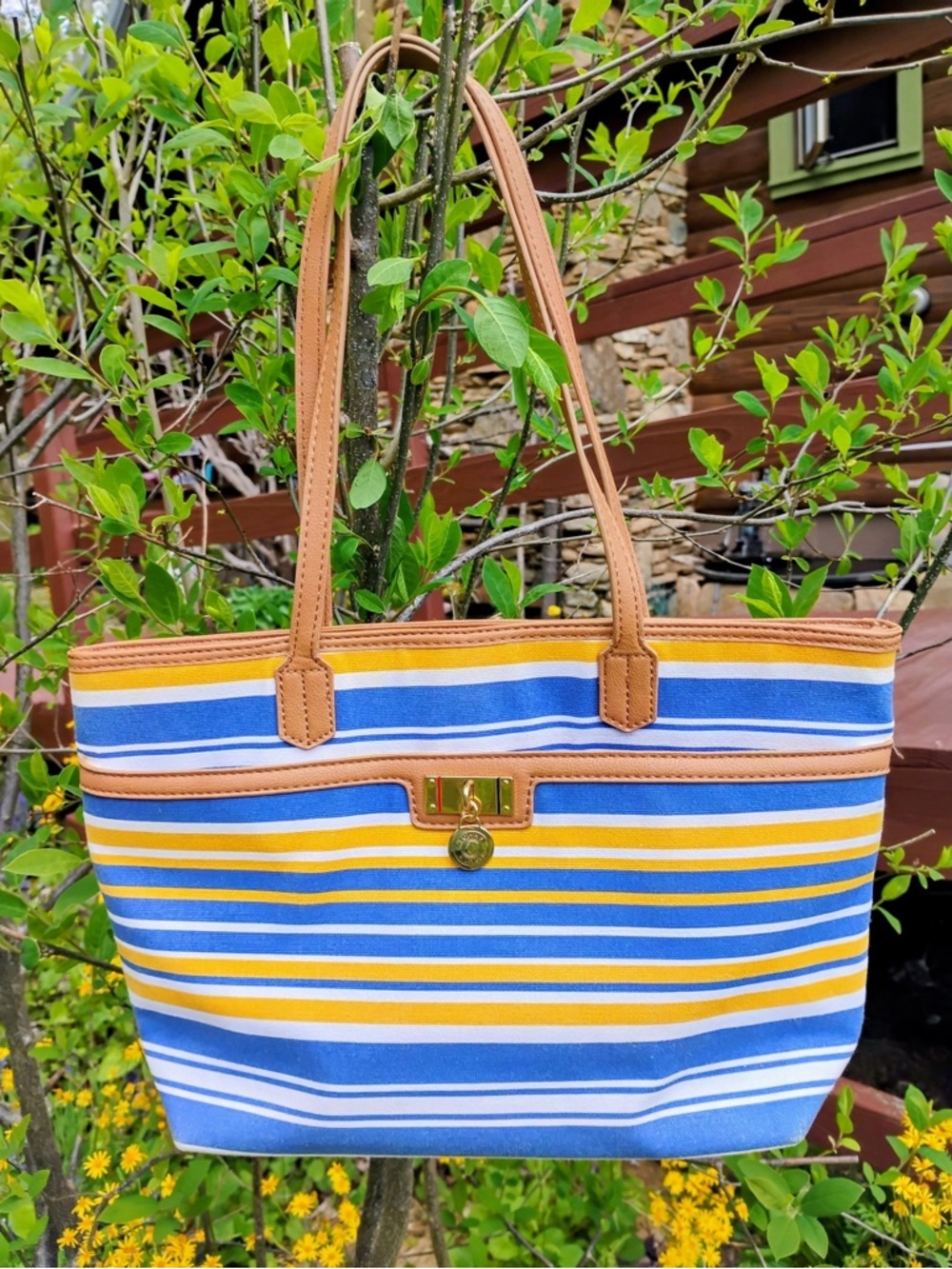 Tommy Hilfiger Blue and Yellow Canvas Tote w Faux Leather Handles